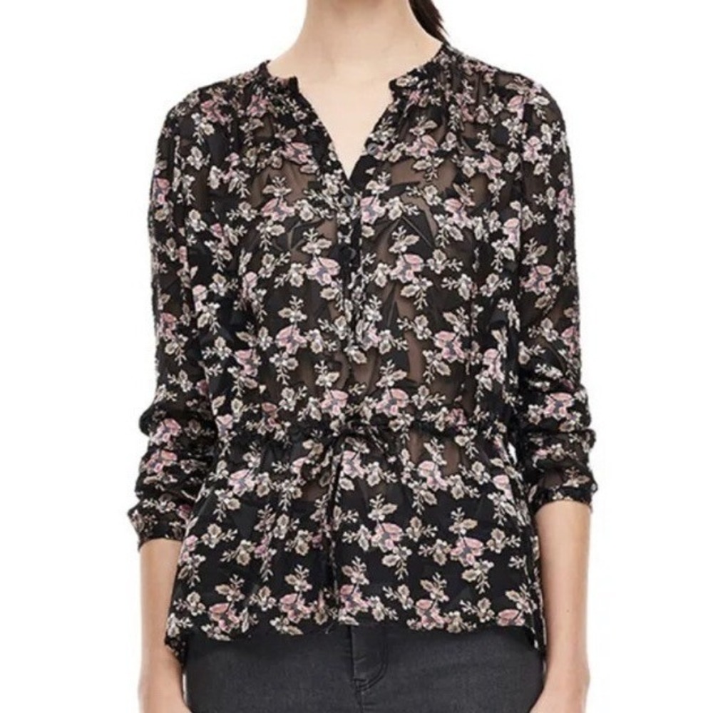 Rebecca Taylor Silk Blend Floral Burnout Blouse Black Pink Drawstring Top 2 - Picture 2 of 9